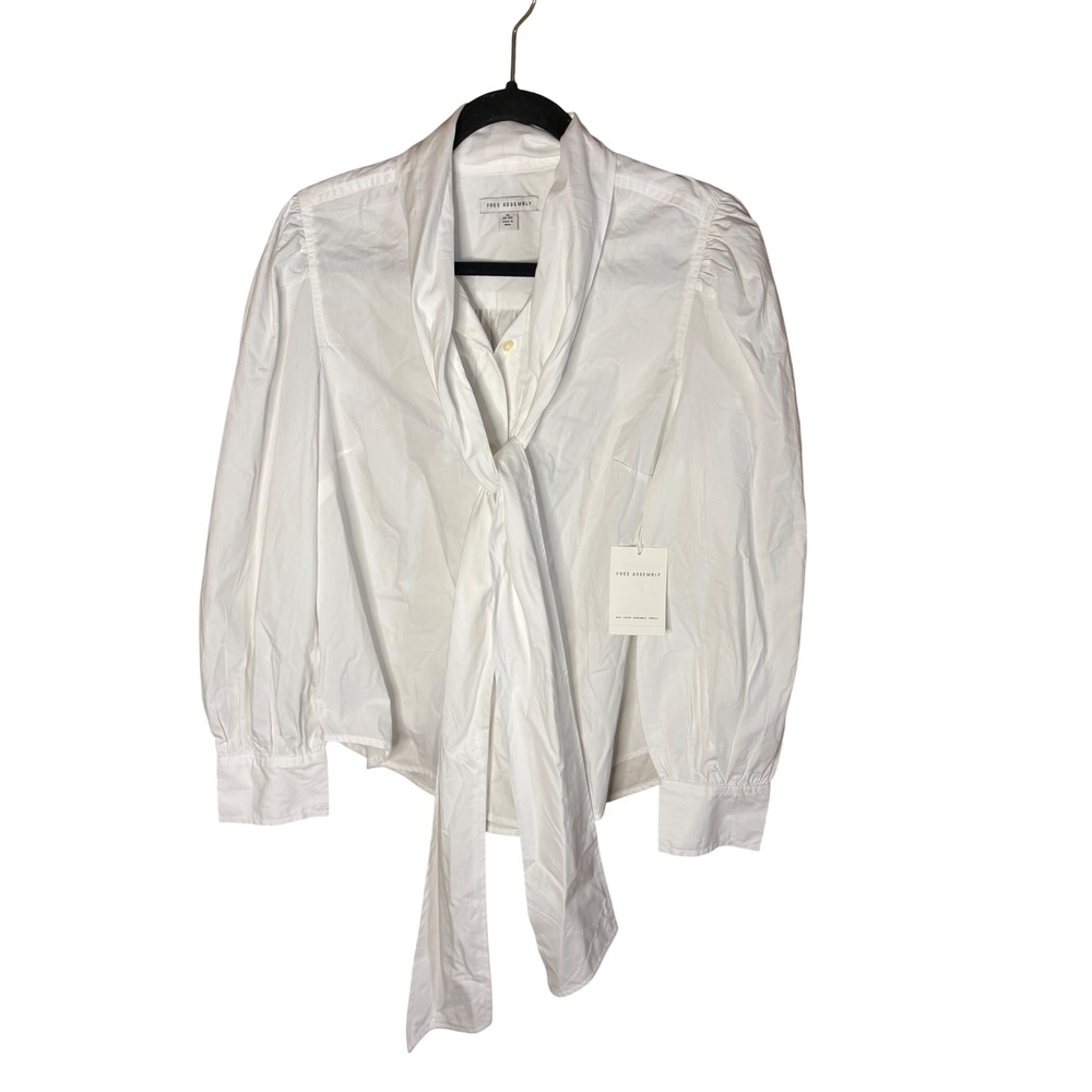 Free Assembly White Tie Neck Bow Button Down Shirt Cotton Size M NWT